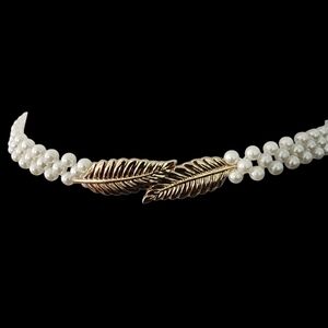 Y2K pearl belt gold leaf buckle white pearl beads vintage elastic expandable